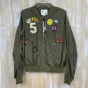 It Girl Women's Bomber Jacket Patches Army Green Satin Full-Zip Size XL *NWT